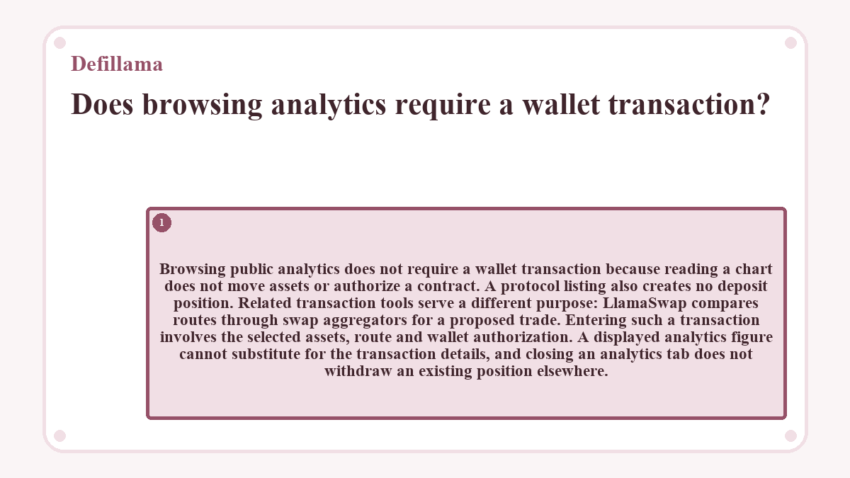 Does browsing analytics require a wallet transaction?: Browsing public analytics does not require a wallet transaction because reading a chart does not move assets or authorize a contract. A protocol listing also creates no deposit position. Related transaction tools serve a different purpose: LlamaSwap compares routes through swap aggregators for a proposed trade. Entering such a transaction involves the selected assets, route and wallet authorization. A displayed analytics figure cannot substitute for the transaction details, and closing an analytics tab does not withdraw an existing position elsewhere.